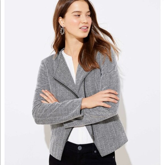 LOFT Petite Gray Herringbone Moto Jacket XSP - Picture 1 of 9